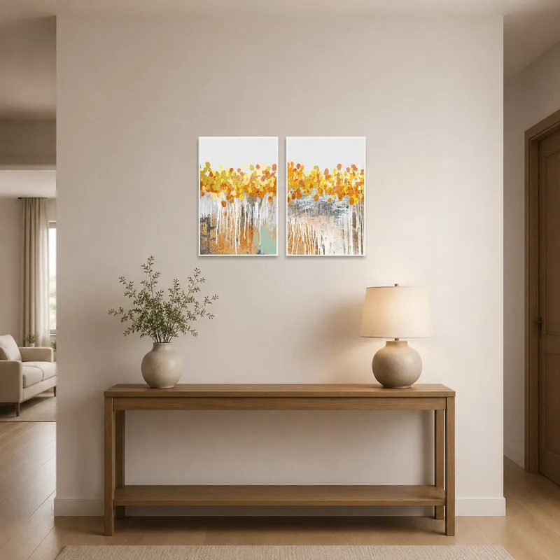 Elegant golden abstract drip art set in a stylish entrance hall.