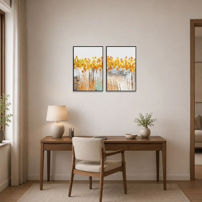 Contemporary golden abstract drip art set in a modern home office.