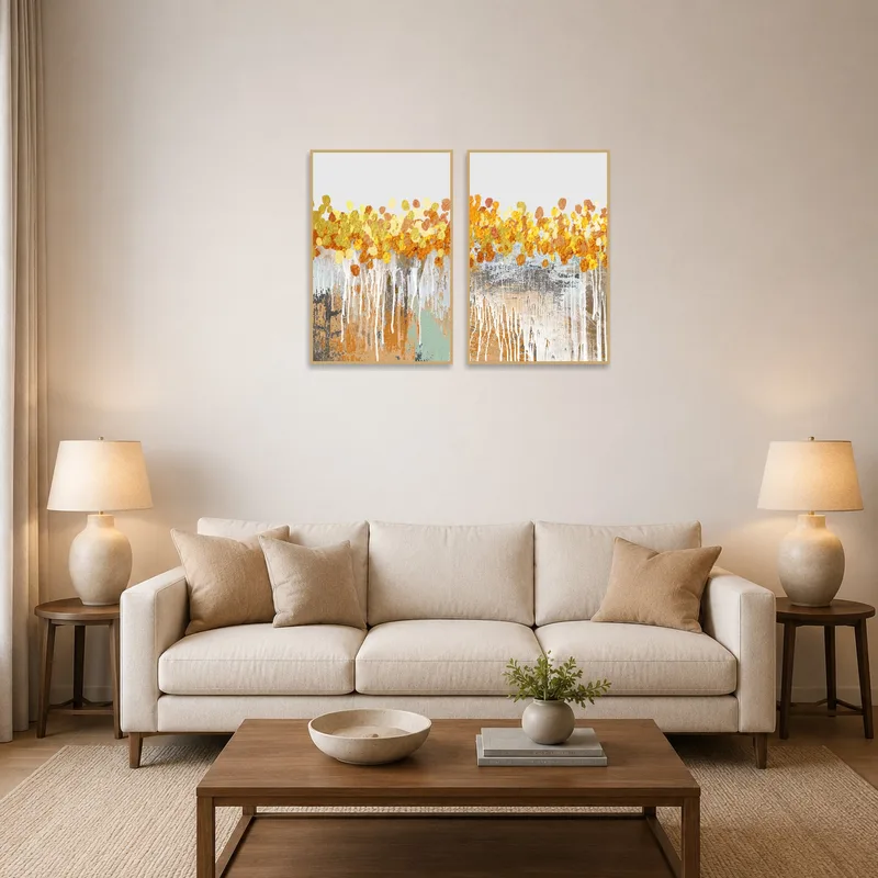 Golden abstract drip art set on the wall of a chic living room.