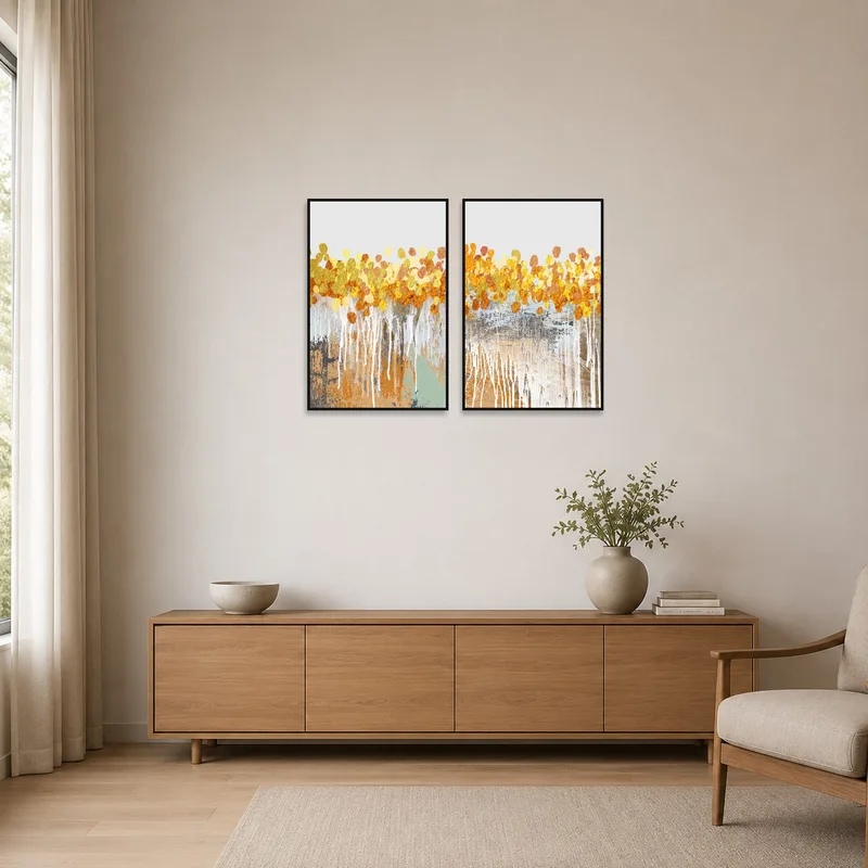 Golden abstract drip art set enhances a minimalist space.