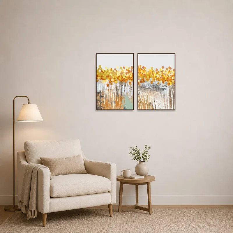 Artistic golden abstract drip art set adorns a cozy reading corner.