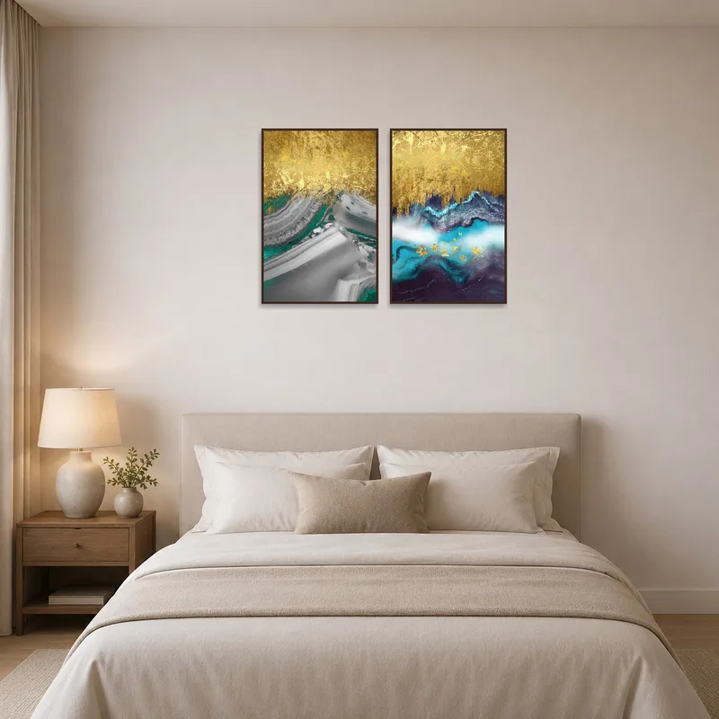 Golden abstract dual panel artwork set complementing a serene bedroom decor.