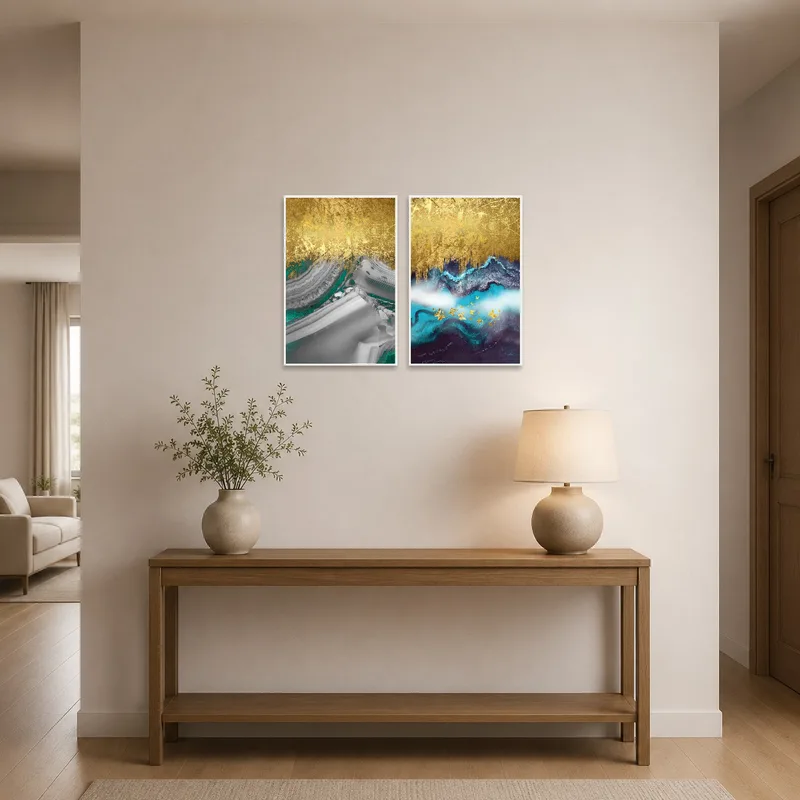 Elegant entrance hall featuring a golden abstract dual panel artwork set.