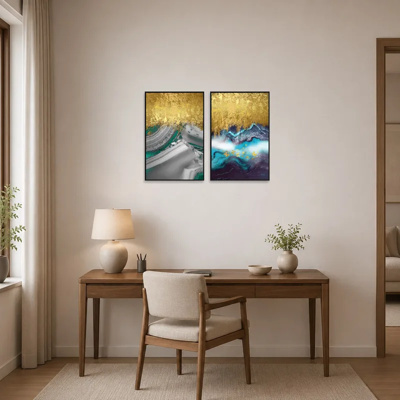 Home office uplifted by a golden abstract dual panel artwork set on the wall.