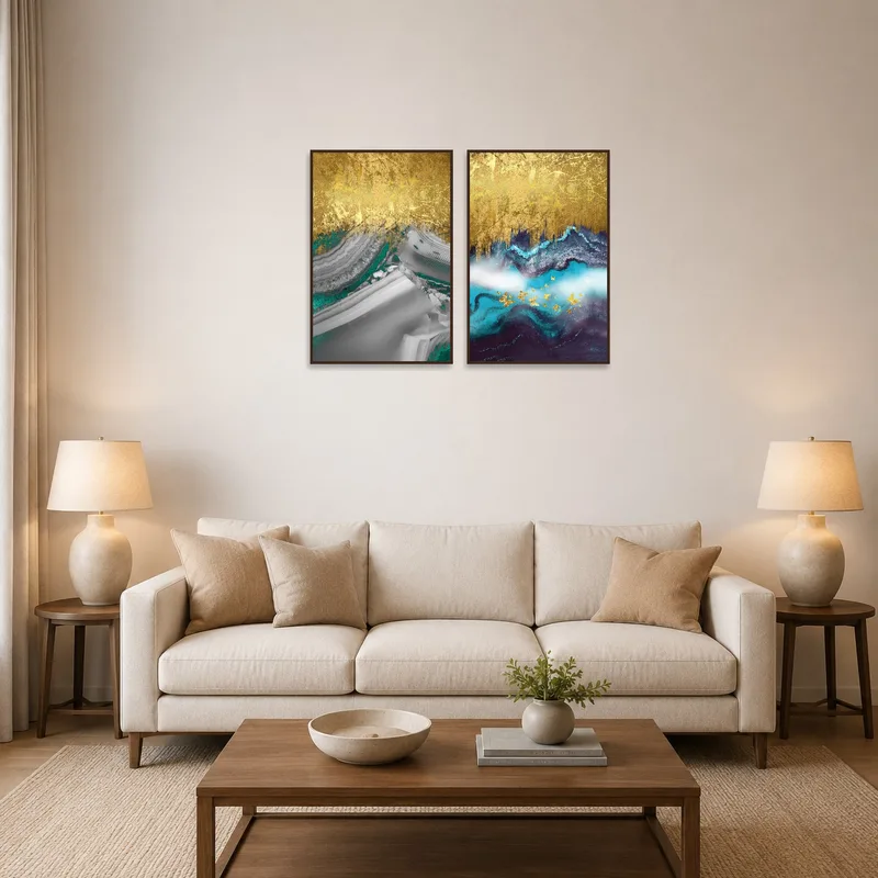 Golden abstract dual panel artwork set adorning a chic living room wall.