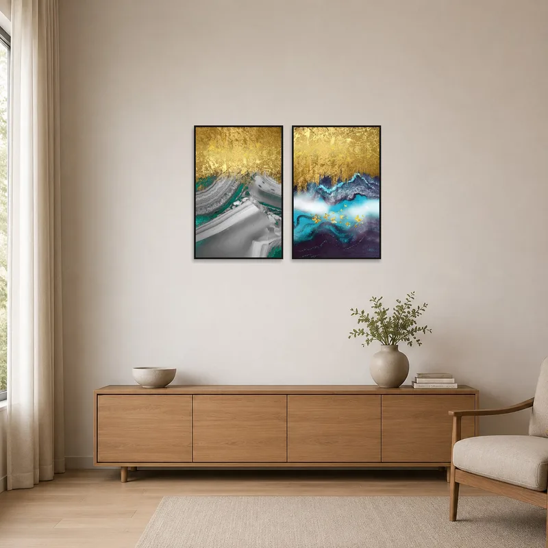 Minimalist space accented by a golden abstract dual panel artwork set.