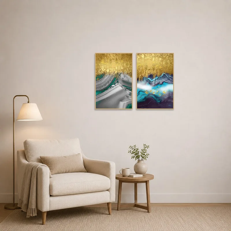 Reading corner enhanced by a golden abstract dual panel artwork set on the wall.