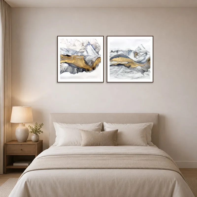 A calming bedroom displaying Golden Abstract Duo above a bed.
