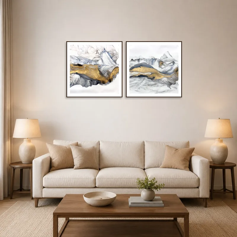 A living room with Golden Abstract Duo art above a modern sofa.