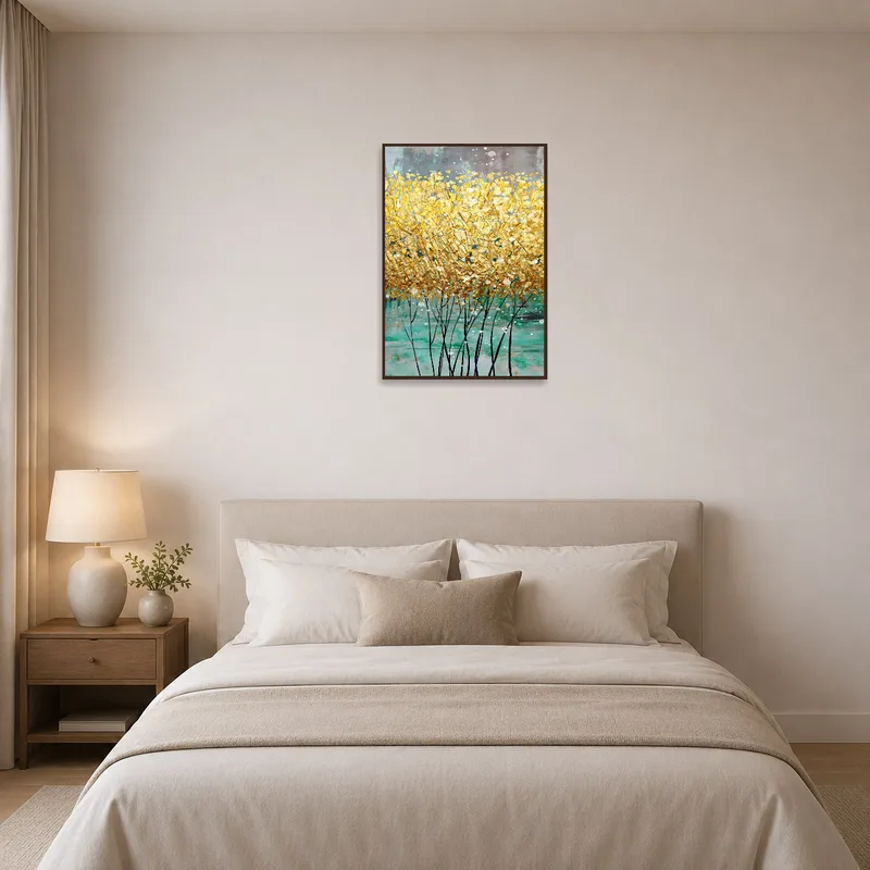Bedroom wall adorned with golden floral art print above the headboard.