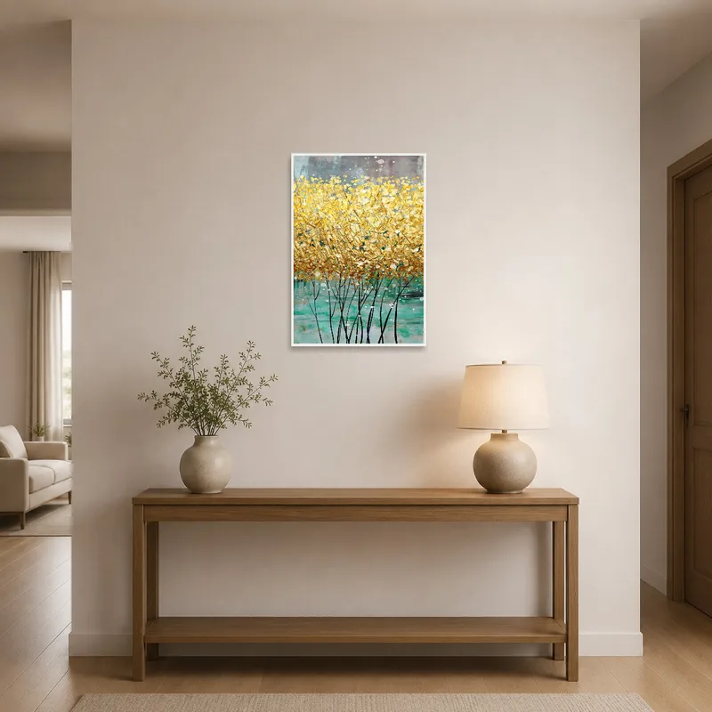 Entrance hall with golden abstract floral print welcoming guests.