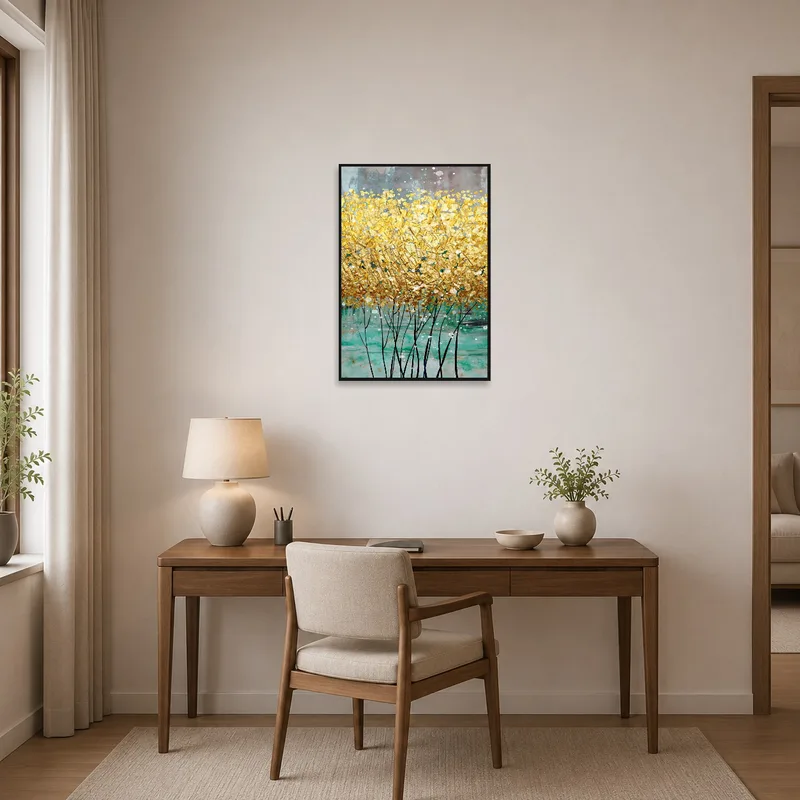 Home office with golden floral abstract art enhancing workspace aesthetics.