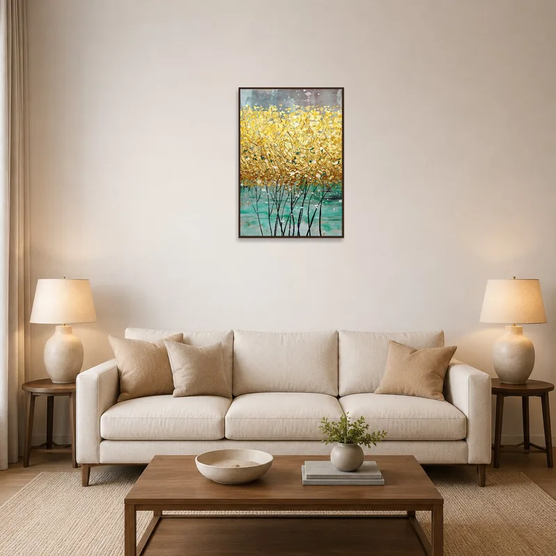 Golden abstract floral art print on living room wall with cozy seating area.
