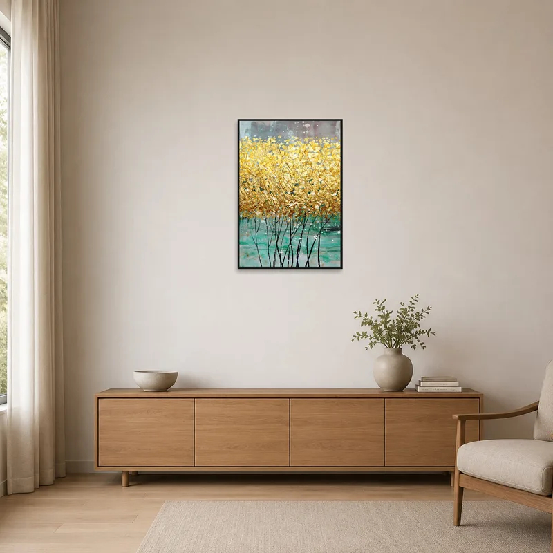 Minimalist room featuring golden floral art print with clean lines and neutral colors.