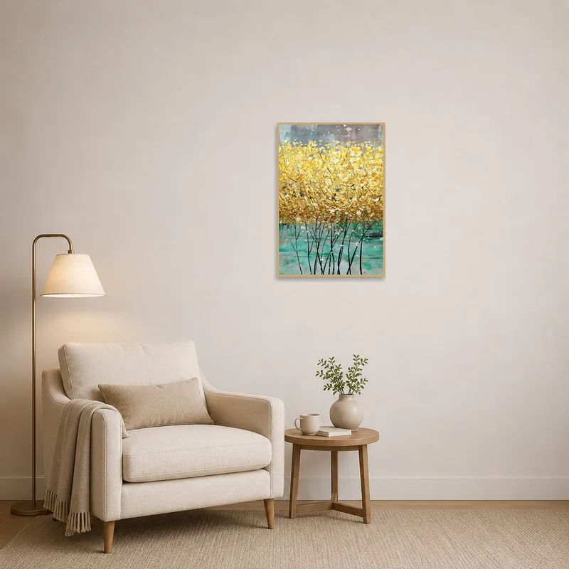 Golden abstract floral art print adds elegance to reading corner with books.