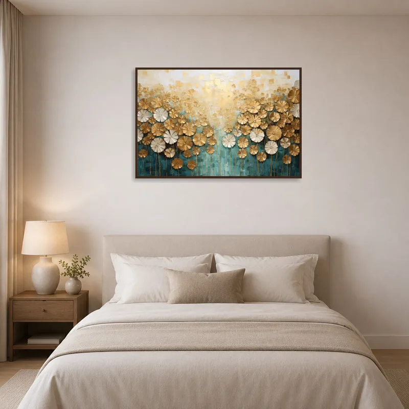 Golden floral art complements serene bedroom decor with warm tones.