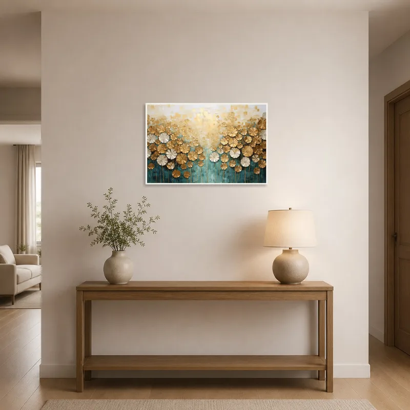 Striking golden floral piece welcomes guests in an entrance hall with neutral tones.
