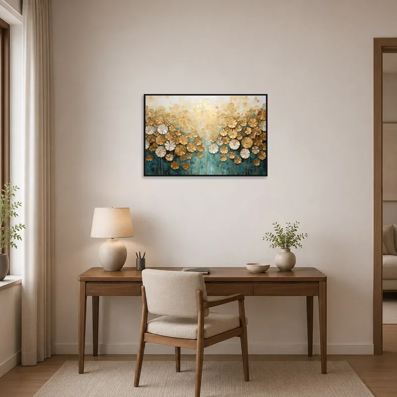 Brightens a home office with golden floral art above a sleek desk setup.