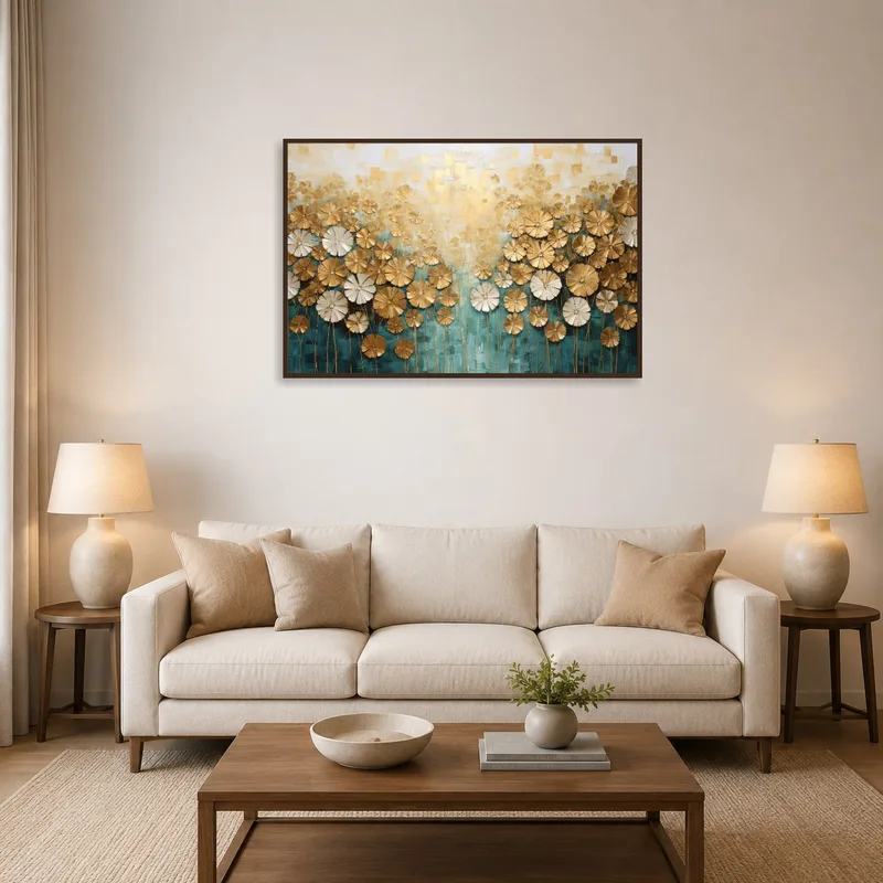 Golden abstract floral art above a modern sofa in a stylish living room.