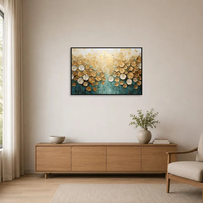 Golden floral canvas adds elegance to a minimalist room with sparse furnishings.