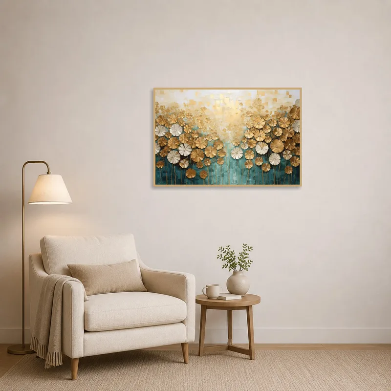 Elegant floral canvas brightens a cozy reading corner with soft lighting.