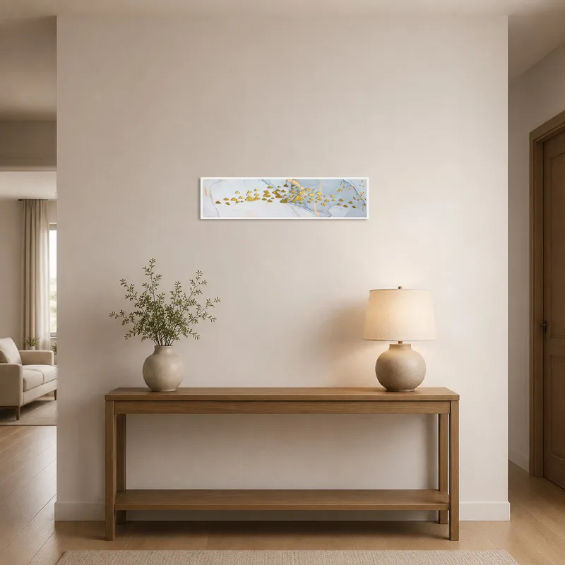 Entrance hall featuring golden abstract geometric marble art enhancing the welcoming feel.