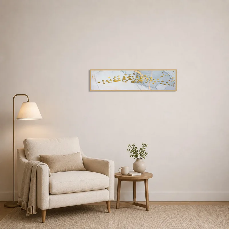 Golden abstract marble art adorns a reading corner, adding elegance and depth.