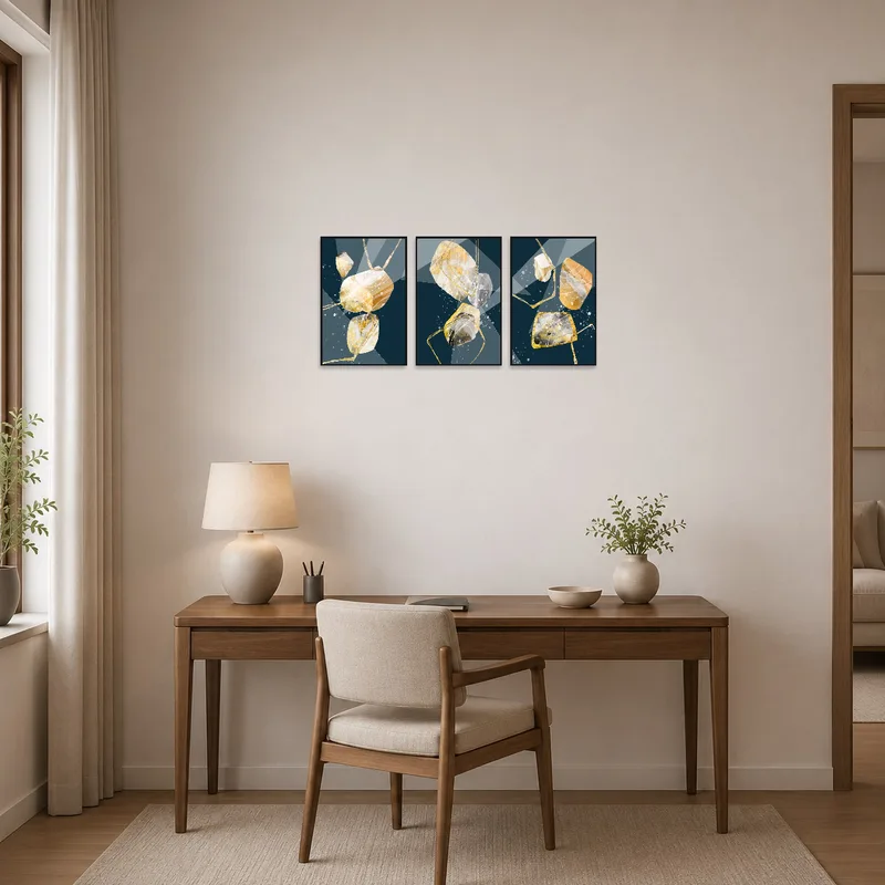 Golden abstract geometric art set adorns the wall of a stylish home office area.