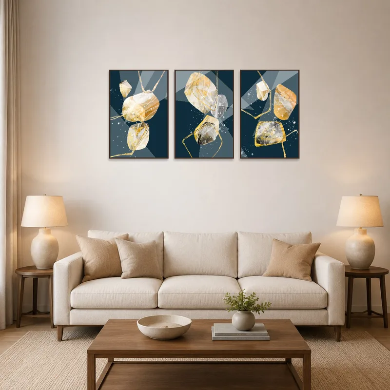 Golden abstract geometric triptych set on a living room wall above a modern sofa.