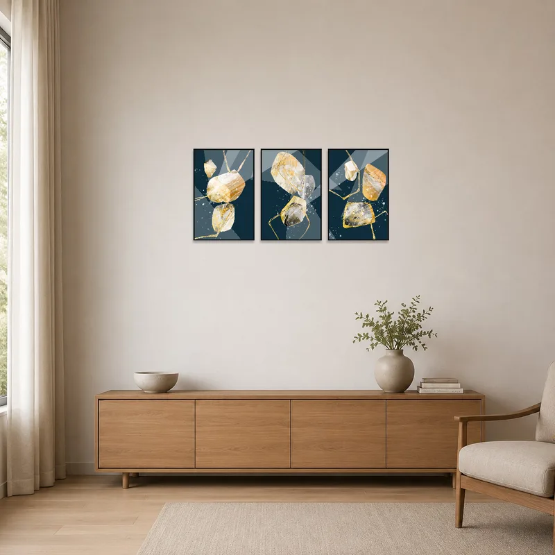 Golden abstract geometric art displayed in a minimalist room with clean lines and neutral tones.