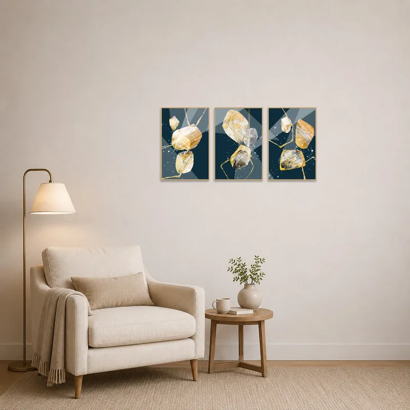 Cozy reading corner featuring golden abstract geometric art adding a touch of elegance.