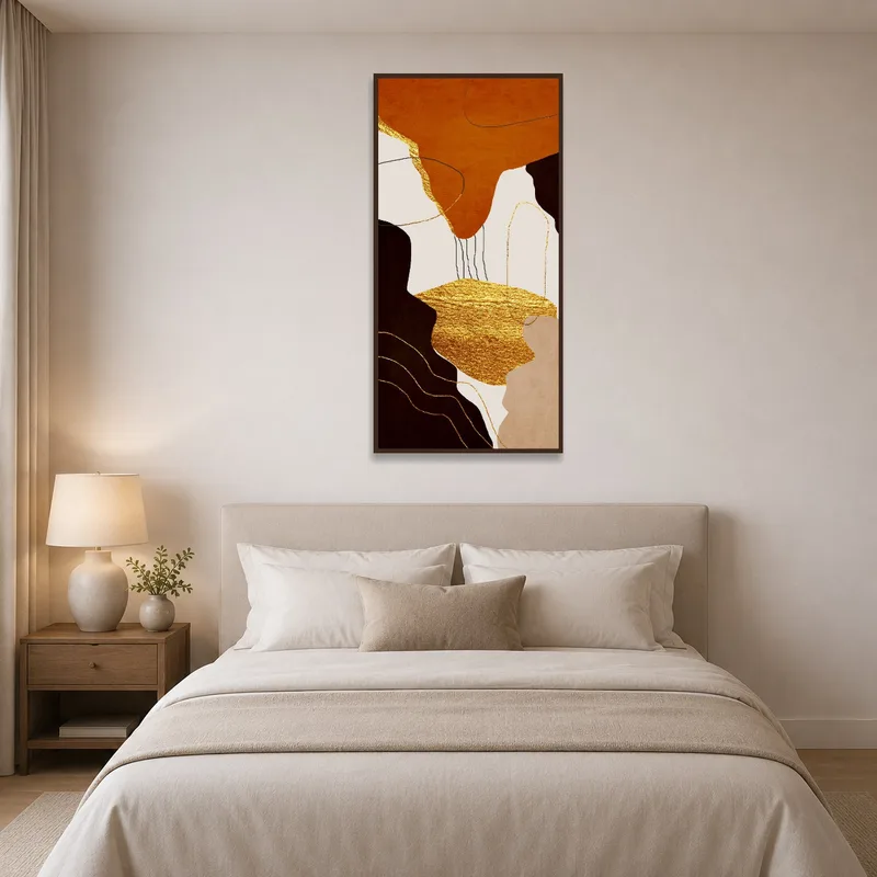 Golden geometric artwork brings elegance above a bed with white bedding.