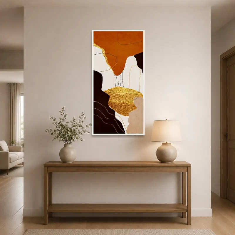 Entrance hall featuring vertical golden geometric art accentuating a sleek console.