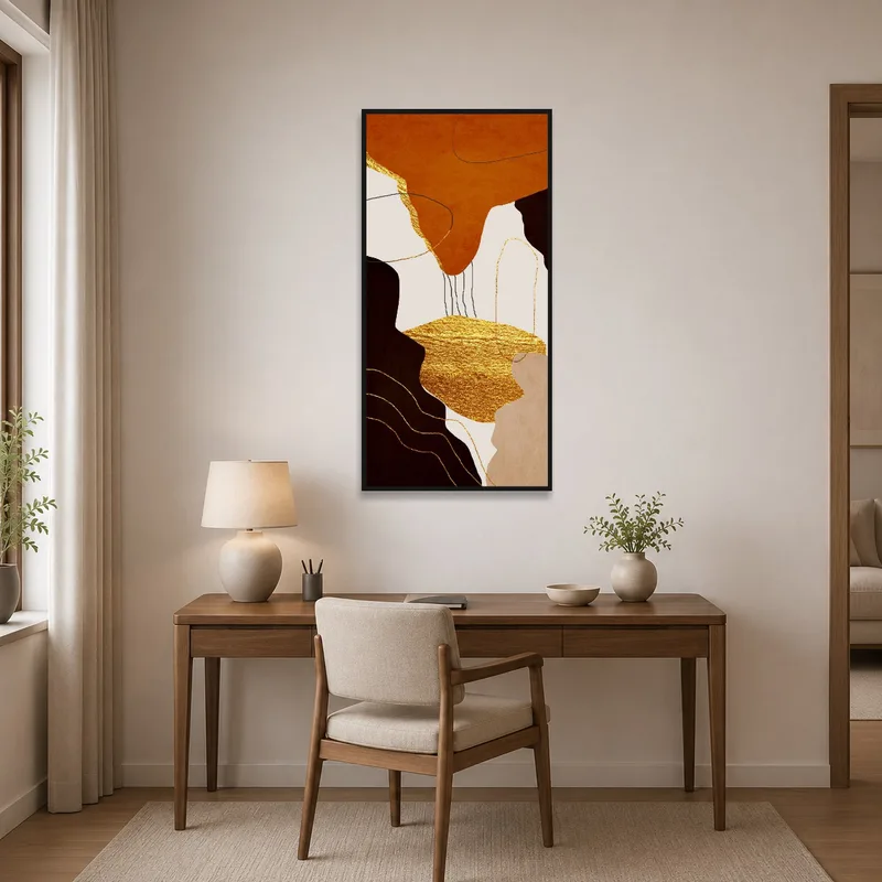 Stylish home office with golden abstract art on the wall near a wooden desk.