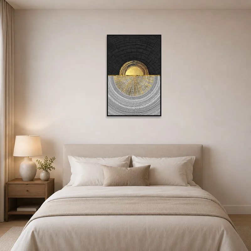 Golden abstract half-sun design adds elegance to a serene bedroom with plush bedding.