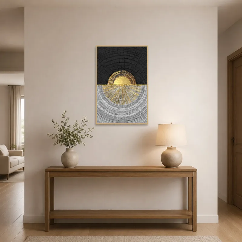 Golden abstract half-sun piece greets guests in a stylish entrance hall with a console table.