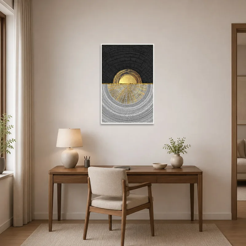 Golden abstract half-sun design energizes a home office, complementing the workstation setup.