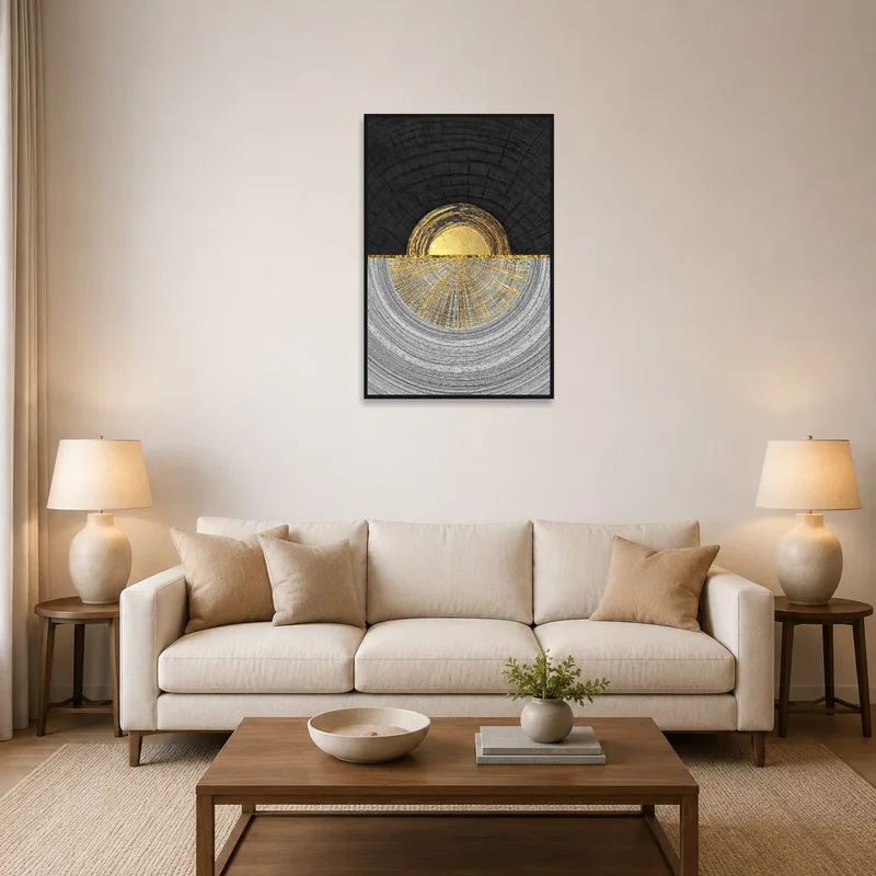 Golden abstract half-sun artwork in a living room with modern furniture and soft lighting.