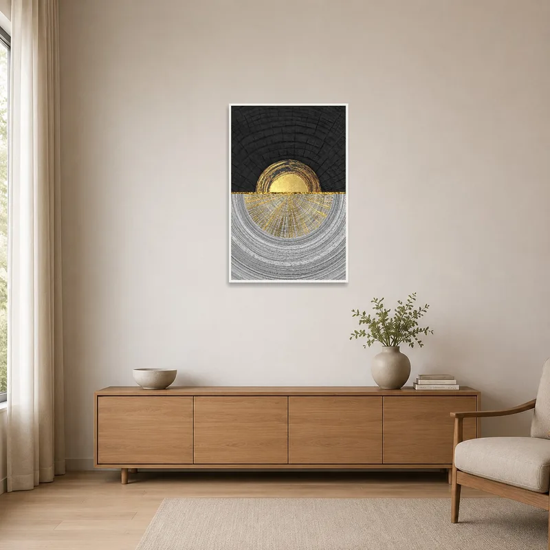 Golden abstract half-sun piece in a minimalist room with clean lines and neutral colors.