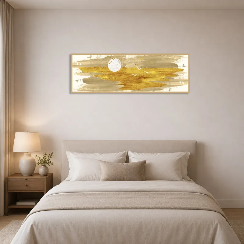 Serene bedroom with a golden abstract landscape of birds adding warmth.