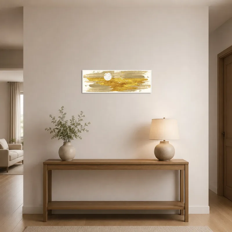 Entrance hall showcasing a golden abstract landscape with birds, adding charm to the space.