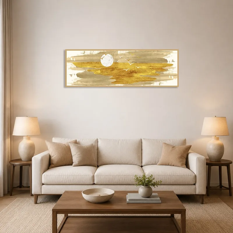 Golden abstract landscape with birds on living room wall above a modern sofa.