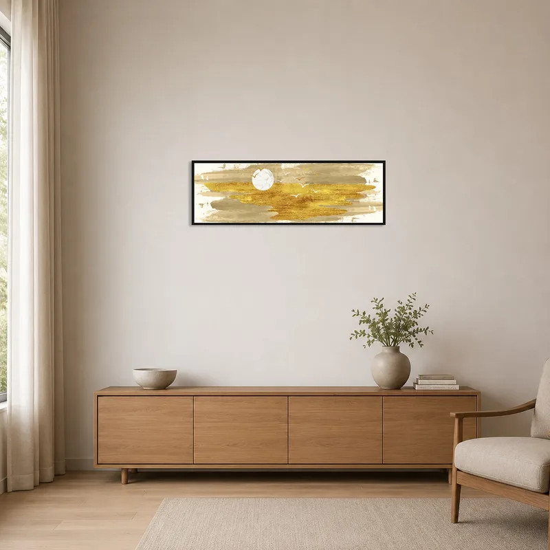 Golden abstract artwork of birds in a minimalist room with clean lines and neutral tones.