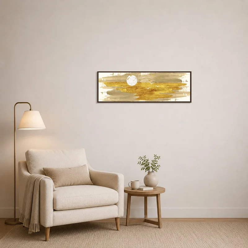 Golden abstract landscape with birds accenting a cozy reading corner.