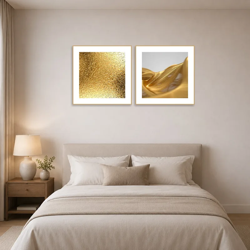 Sophisticated gold abstract set creating a calming ambience in a bedroom.