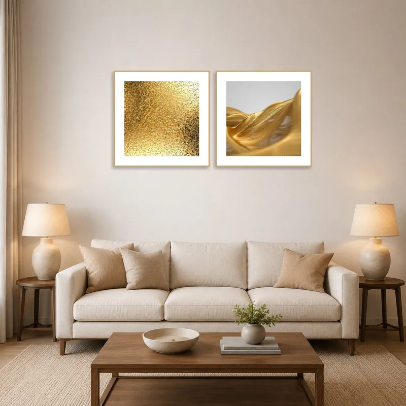 Golden abstract artwork set displayed above a modern sofa in a chic living room.