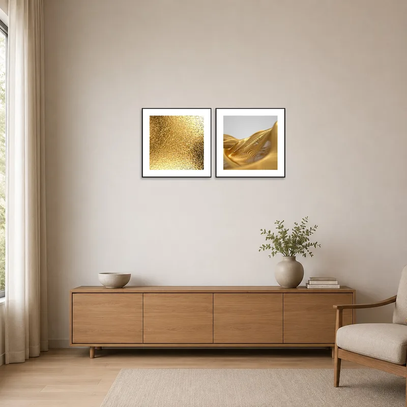 Elegant golden abstract pieces enhancing the simplicity of a minimalist room.
