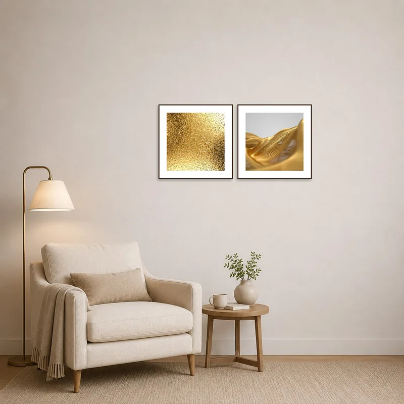 Golden abstract art adding vibrancy to a cozy reading corner.