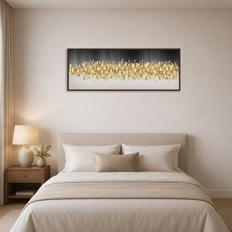 Golden abstract skyline positioned above a bed, adding luxury to the bedroom decor.