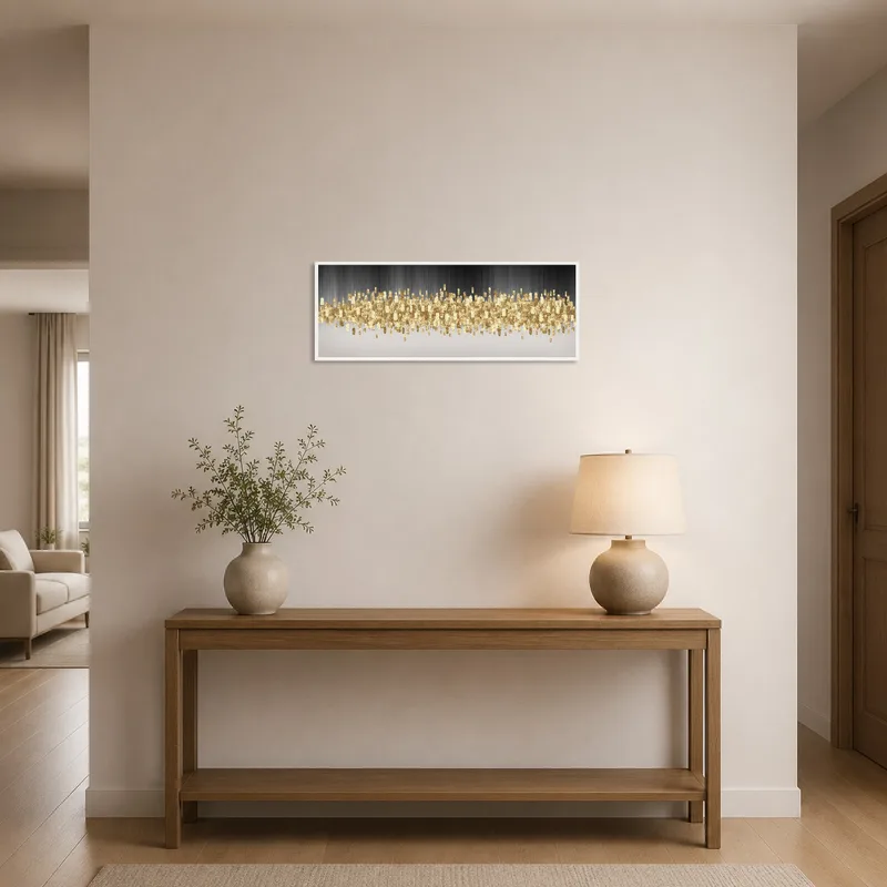 Golden abstract skyline welcomes guests in a bright, elegant entrance hall.